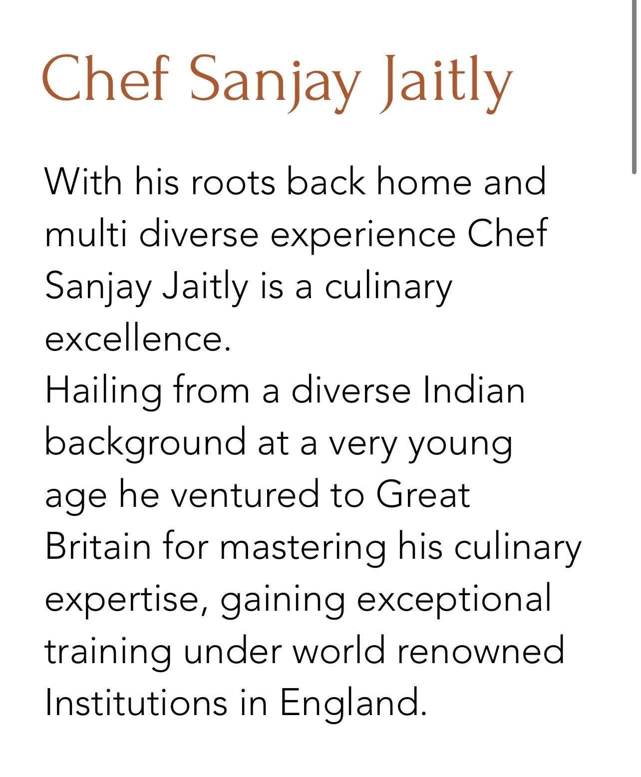 Text introducing Chef Sanjay Jaitly, highlighting his roots, experience, and culinary expertise, with a background of Indian heritage and training in England.