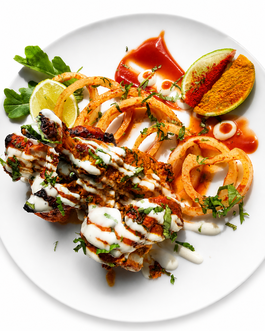 Plate of Indian cuisine including grilled chicken with yogurt sauce, lemon wedges, and vegetables with sauce, garnished with herbs.