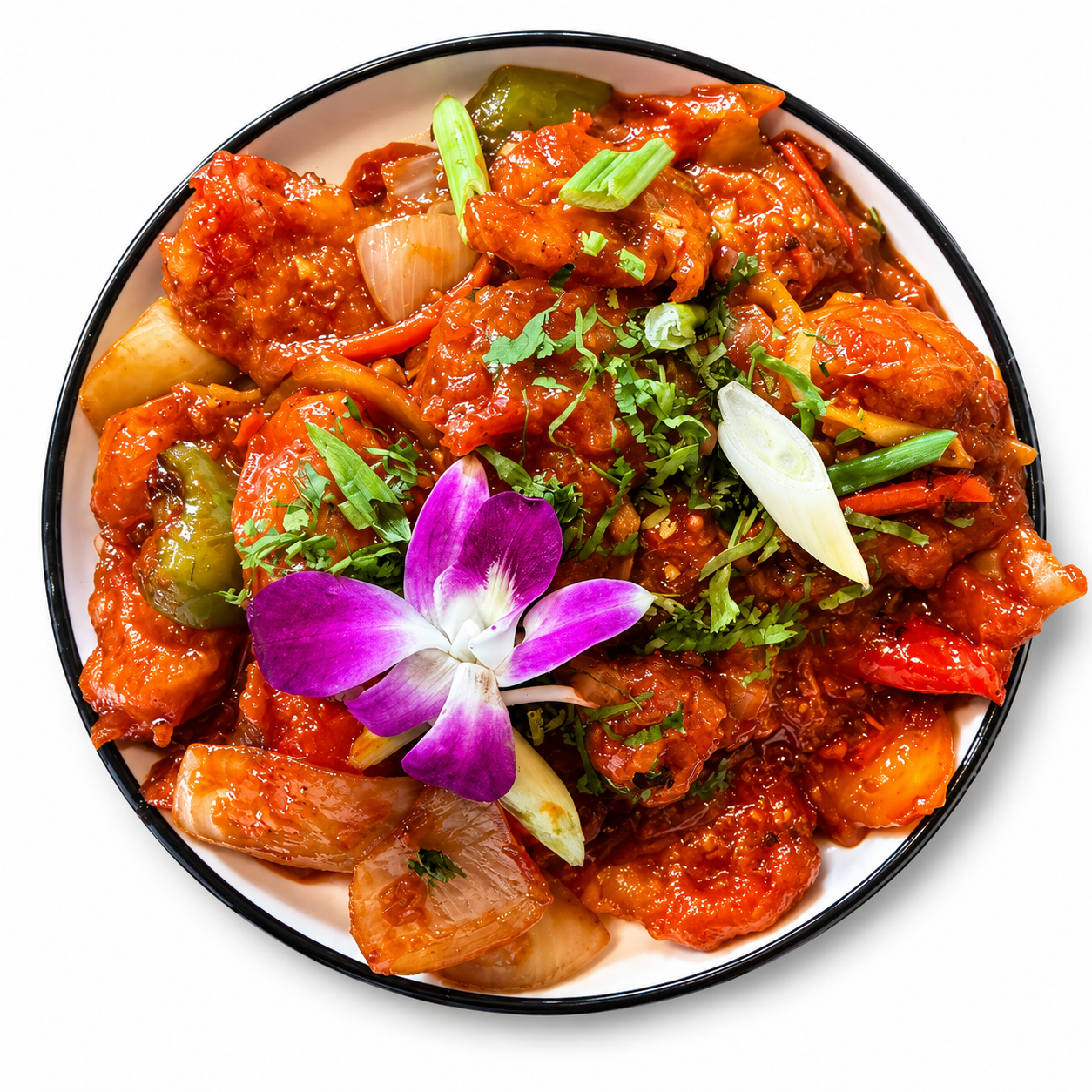 Sweet and sour chicken with vegetables garnished with cilantro, spring onions, and a purple orchid flower