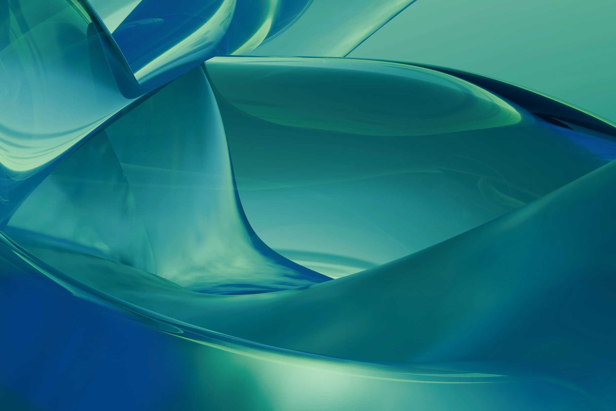 Abstract digital art with flowing, reflective shapes in shades of green, blue, and teal.