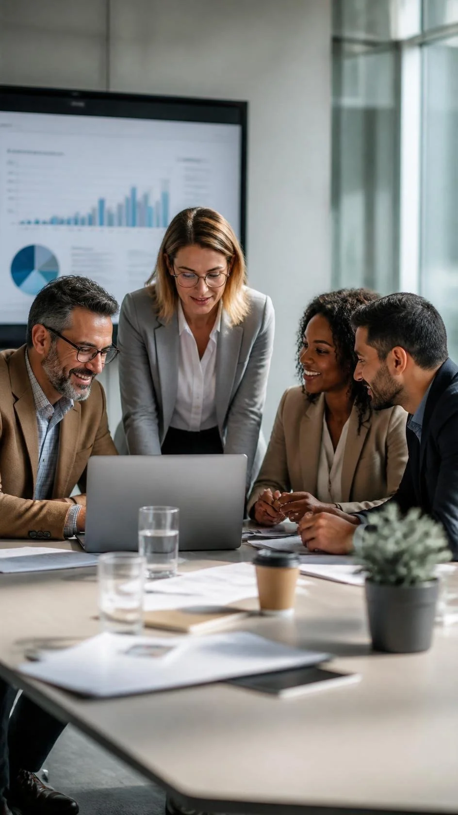A group of five diverse professionals discussing around a laptop in a modern conference room with charts on a screen in the background.