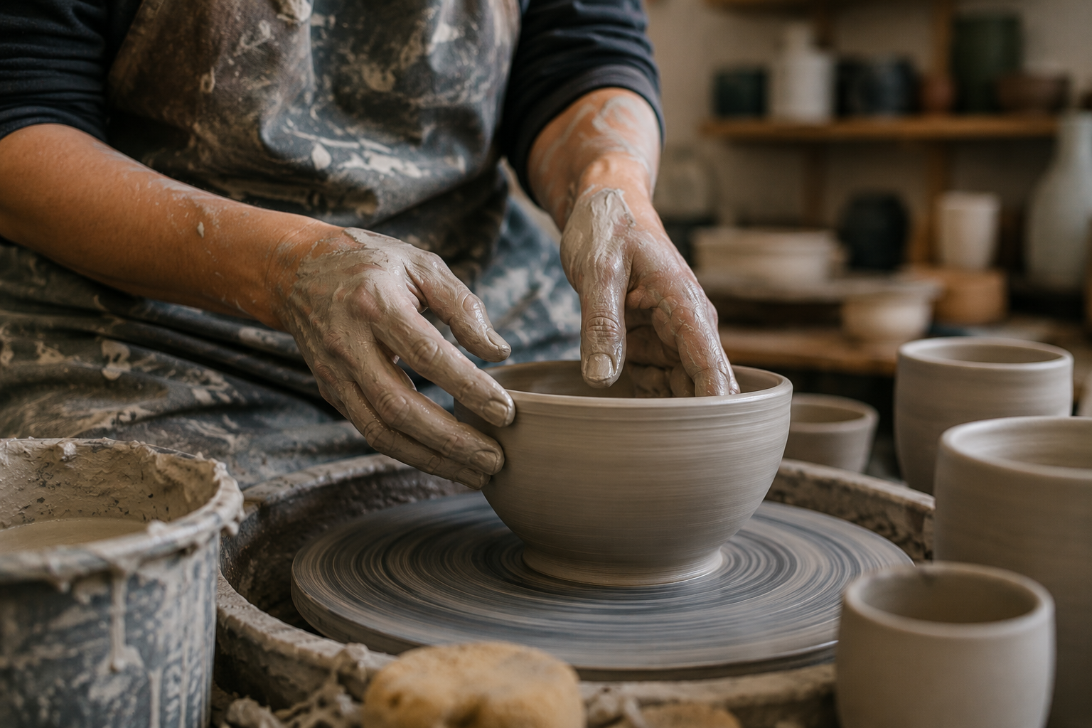 A person shaping a ceramic bowl on a pottery wheel in a ceramics studio. The person's hands are covered in clay, and the workspace includes various pottery pieces and tools.