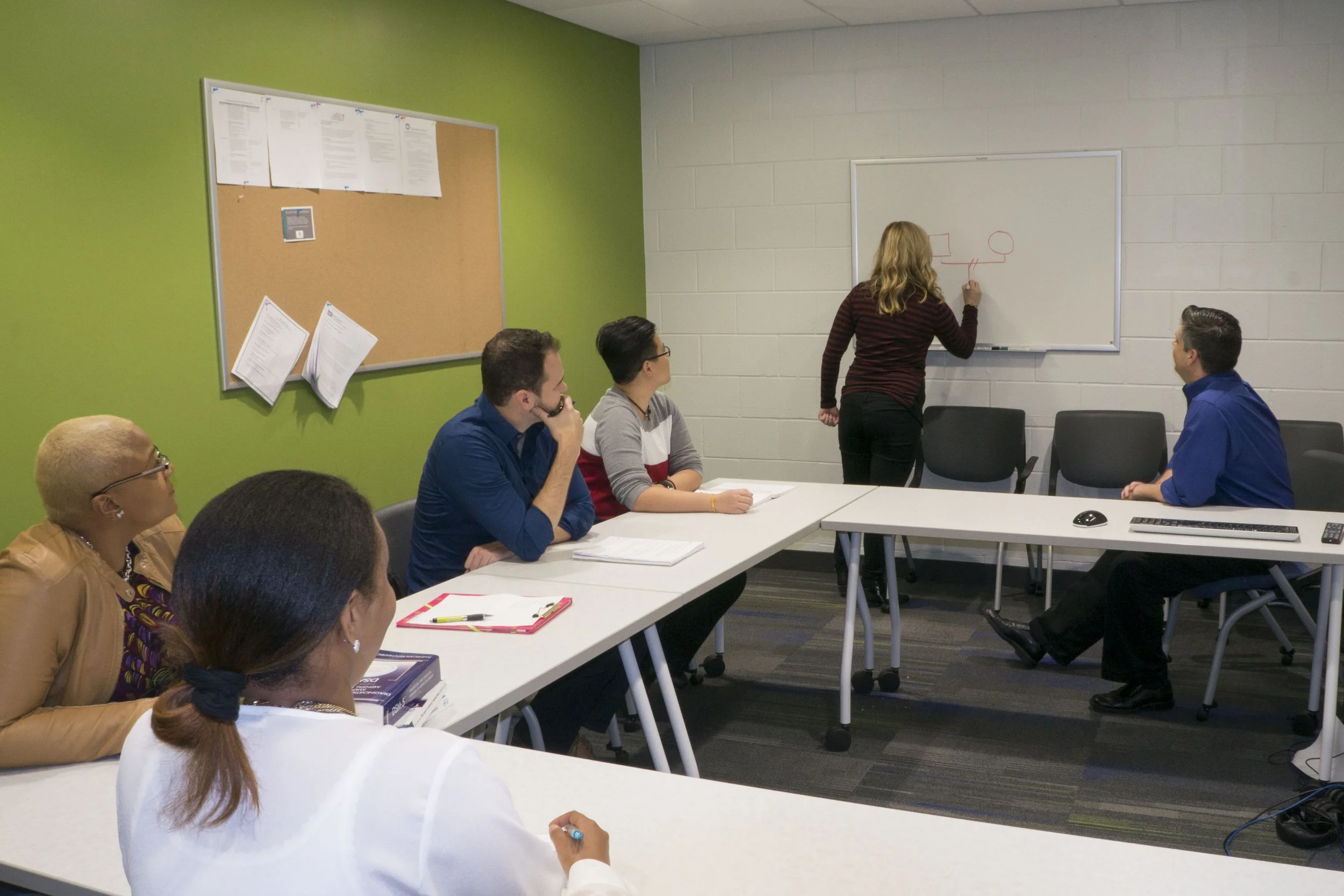 A group of people seated around a rectangular white table in a conference room, listening to a woman in a striped shirt drawing on a whiteboard. The room has a green and white wall with a bulletin board and a few papers pinned on it.