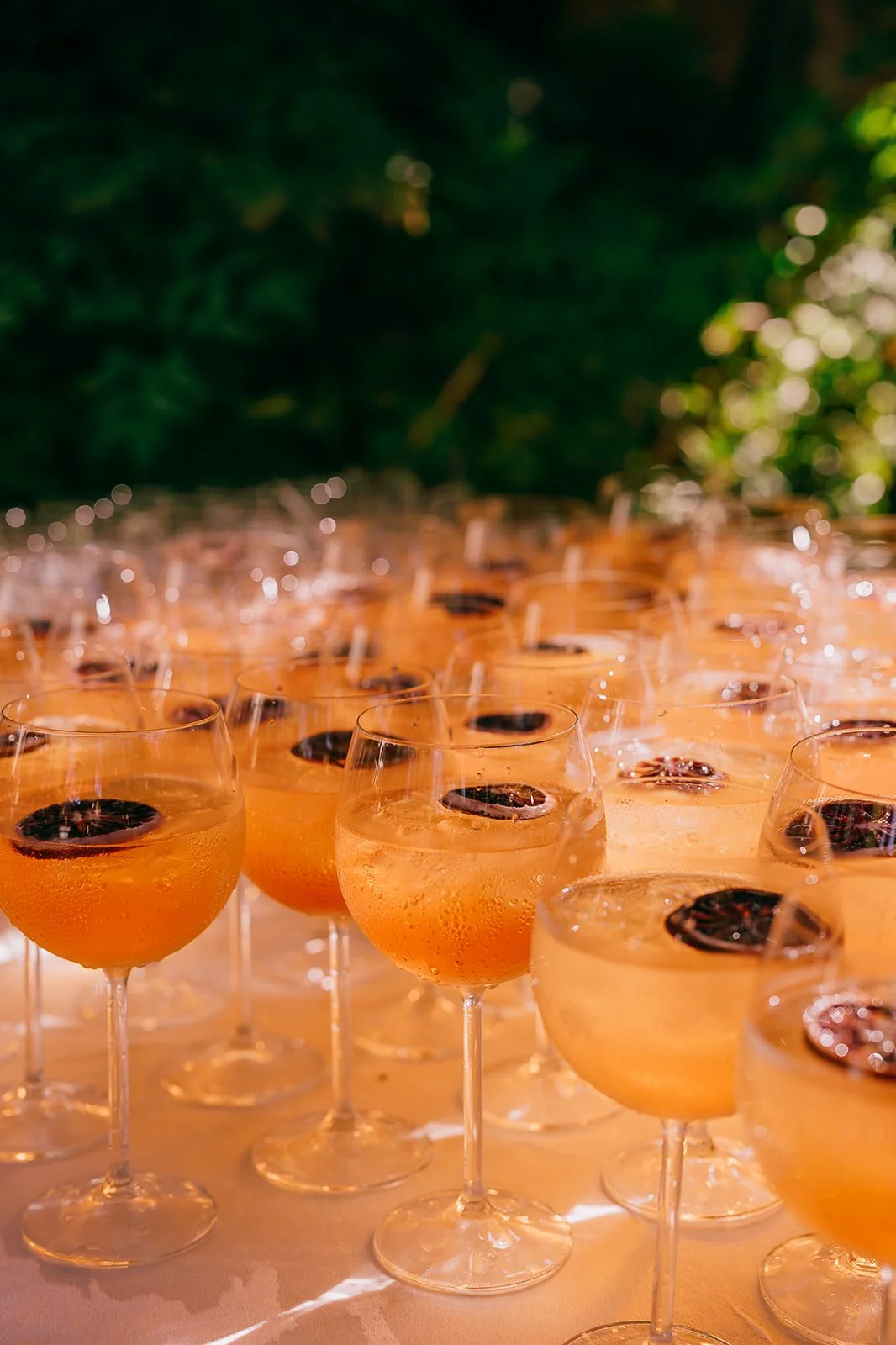 10-20 glasses of aperol spritz being served at a wedding