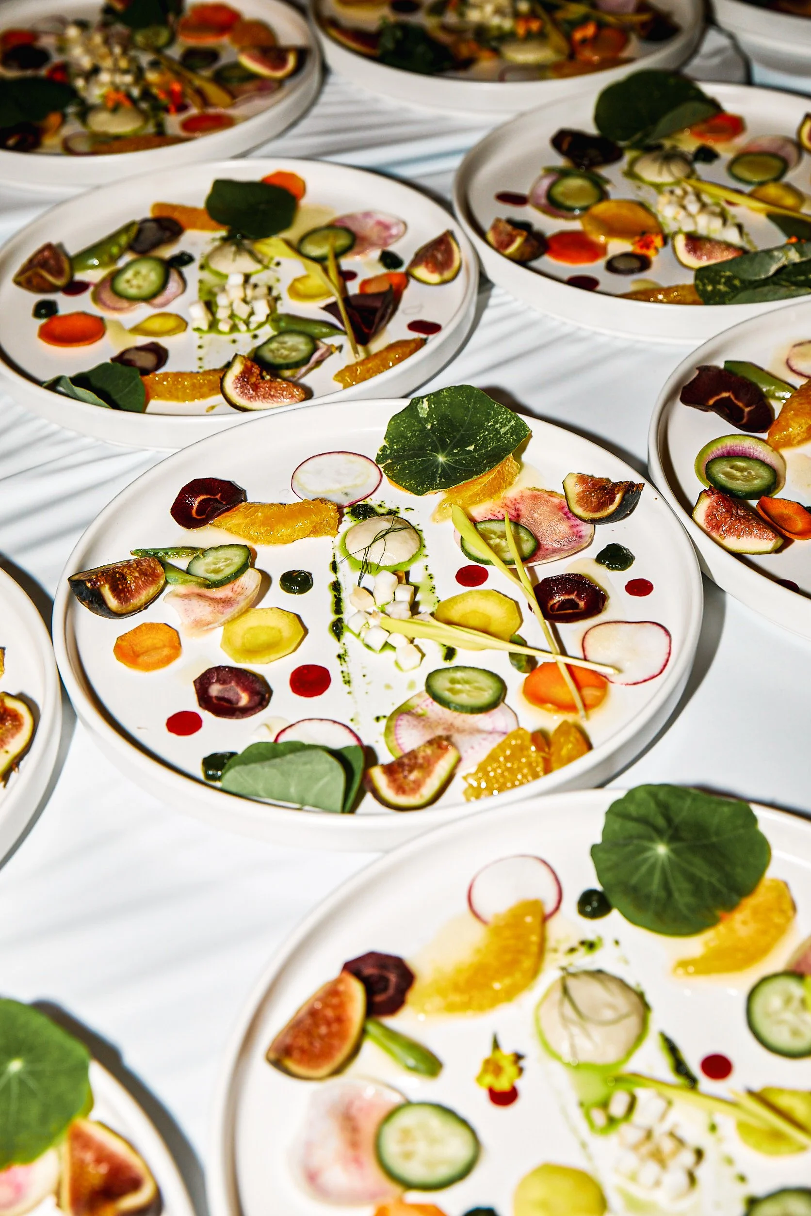 Plates with assorted gourmet salads featuring sliced cucumbers, figs, radishes, orange segments, and edible leaves, decorated with colorful sauces and garnishes.