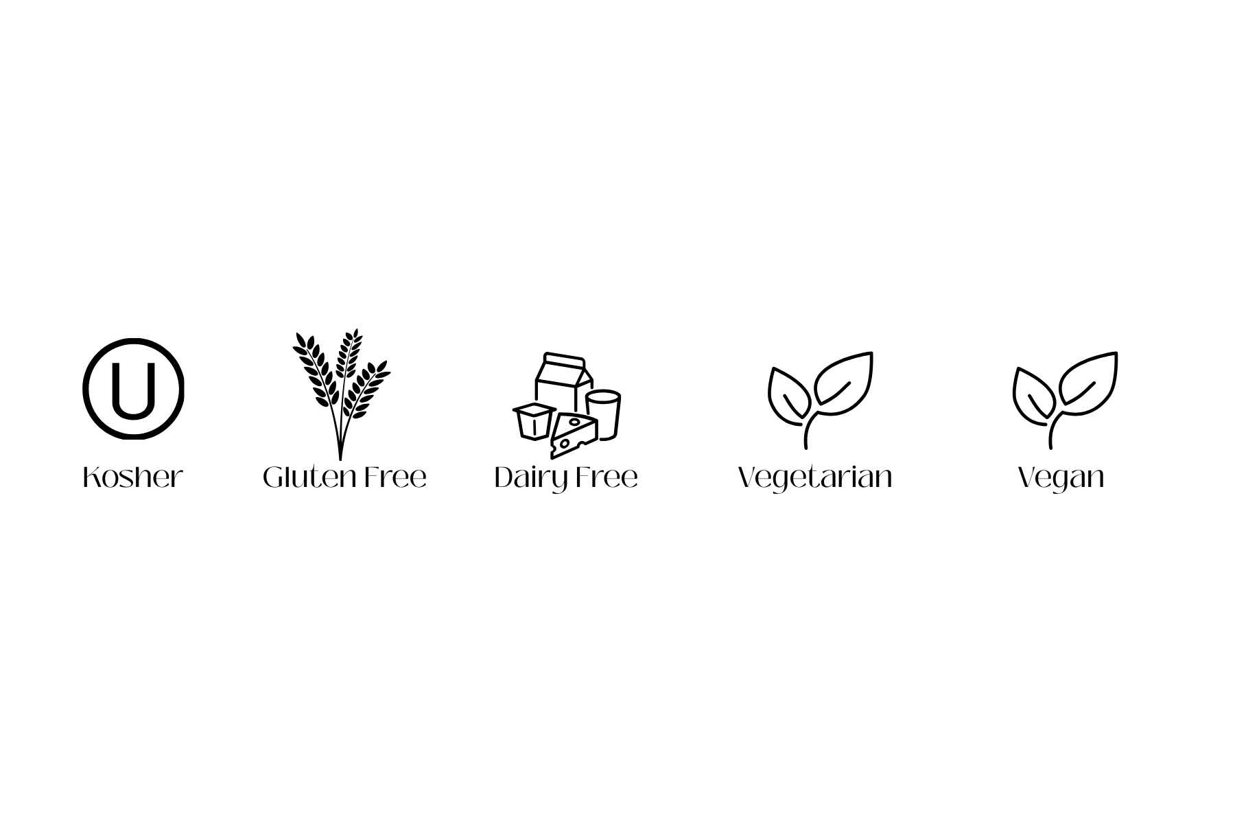 Icons indicating product attributes: Kosher, Gluten-Free, Dairy-Free, Vegetarian, Vegan.