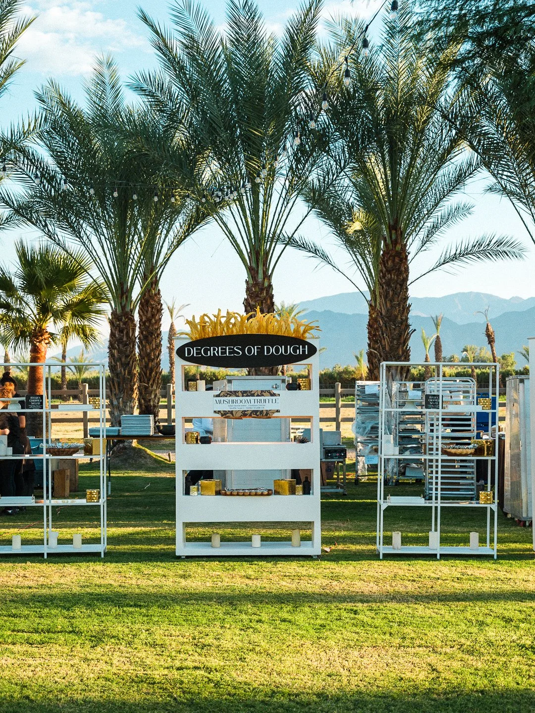Outdoor food stand with palm trees in the background, selling mushroom truffle dishes at a market or festival.
