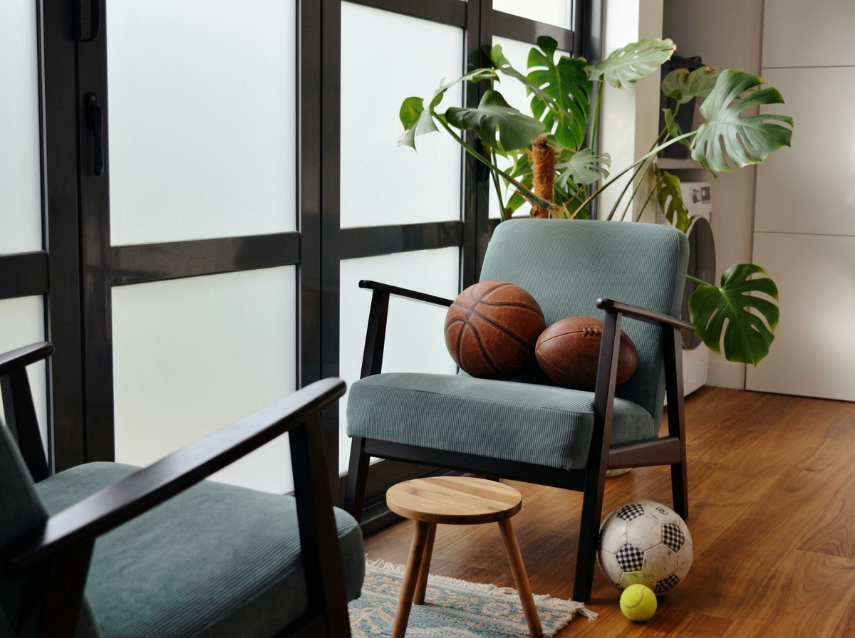 Living room corner with two mint green chairs, a small round wooden table, a potted Monstera plant, a basketball, a football, a soccer ball, and a tennis ball on wooden floor near frosted glass sliding doors.