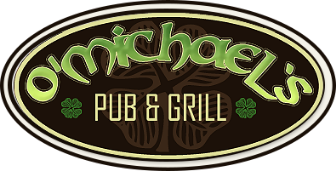 Logo for O'Michael's Pub & Grill with green text, shamrocks, and a brown background.