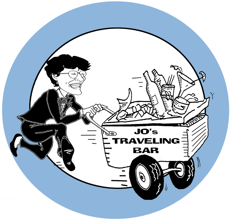 Cartoon of a woman in business attire pulling a wagon labeled "Jo's Traveling Bar," filled with bottles and glasses.
