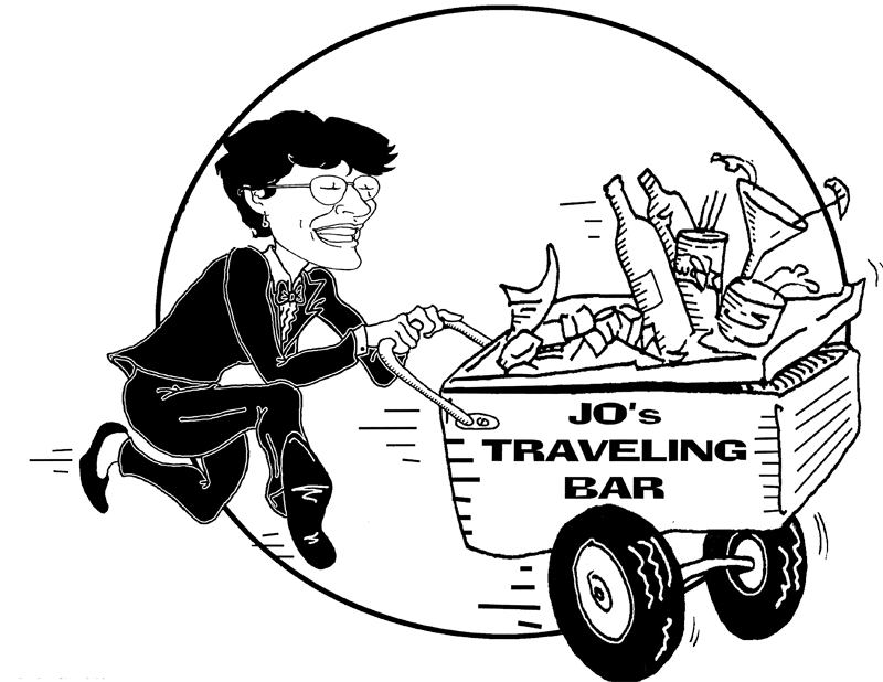 Cartoon of a woman pushing a cart labeled "JO's Traveling Bar" filled with bottles, glasses, and drinks. The background features a large clock face.