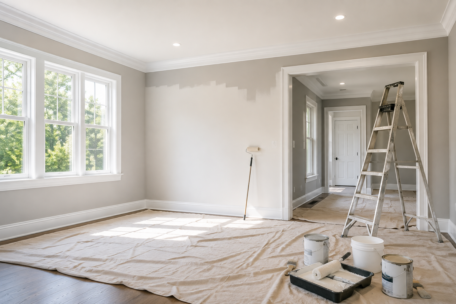 Room with fresh gray painted walls, large windows, a step ladder, and painting supplies on the floor including paint cans, brushes, and a paint roller.