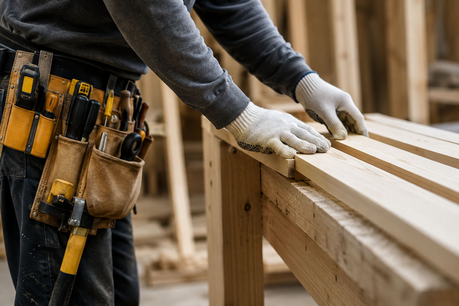 A person wearing work gloves, a tool belt with various tools, and dark work pants, working on assembling or constructing a wooden structure in a workshop.