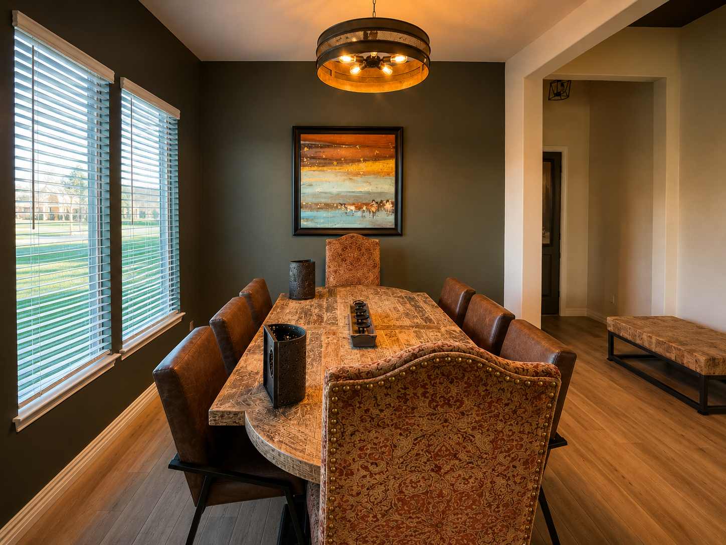 A modern dining room with a wooden table surrounded by six brown leather chairs and one ornate high-backed chair with red and gold fabric. The room has three large windows with white blinds, wooden flooring, a dark gray accent wall with a colorful abstract painting, and a circular black and gold ceiling light fixture. There is a small bench with a wooden top and black metal legs in a corner.