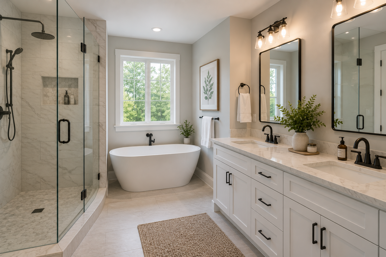 Modern bathroom with a walk-in glass shower, a white freestanding bathtub near a window, a double vanity with marble countertop, two mirrors, towels, and decorative plants.
