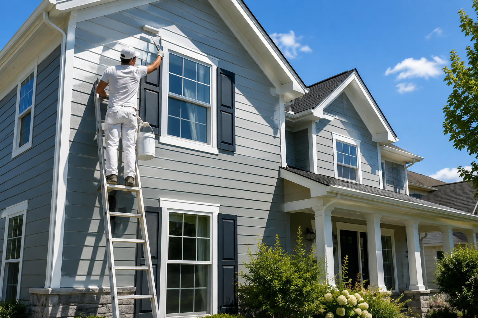 A painter on a ladder painting the exterior of a light blue, two-story house with white trim, black shutters, and a porch with white columns, under a blue sky with clouds.