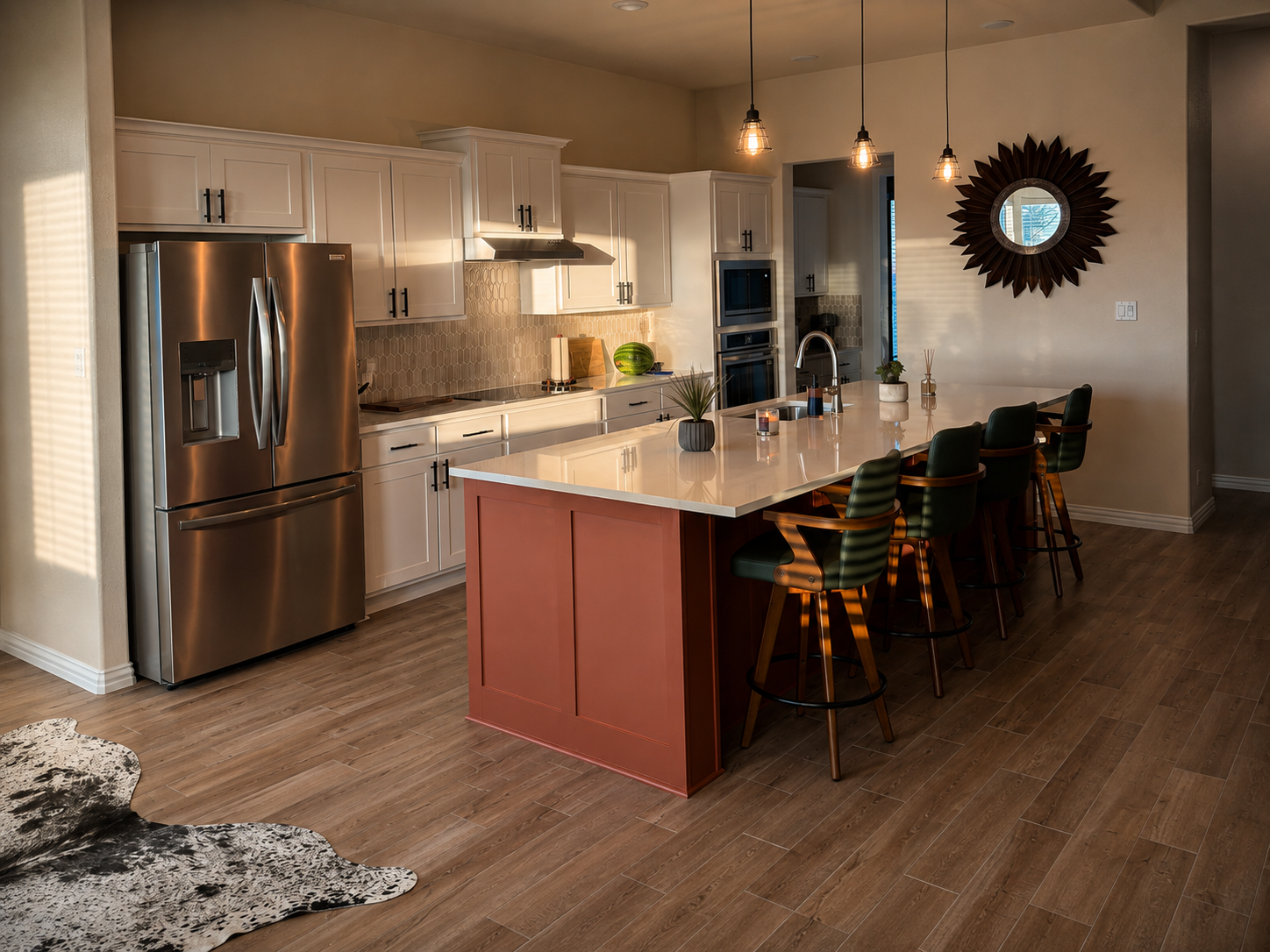 Modern kitchen with white cabinets, stainless steel refrigerator, and an island with bar stools. Decor includes plants, candles, and a wall mirror, with pendant lights hanging from the ceiling.