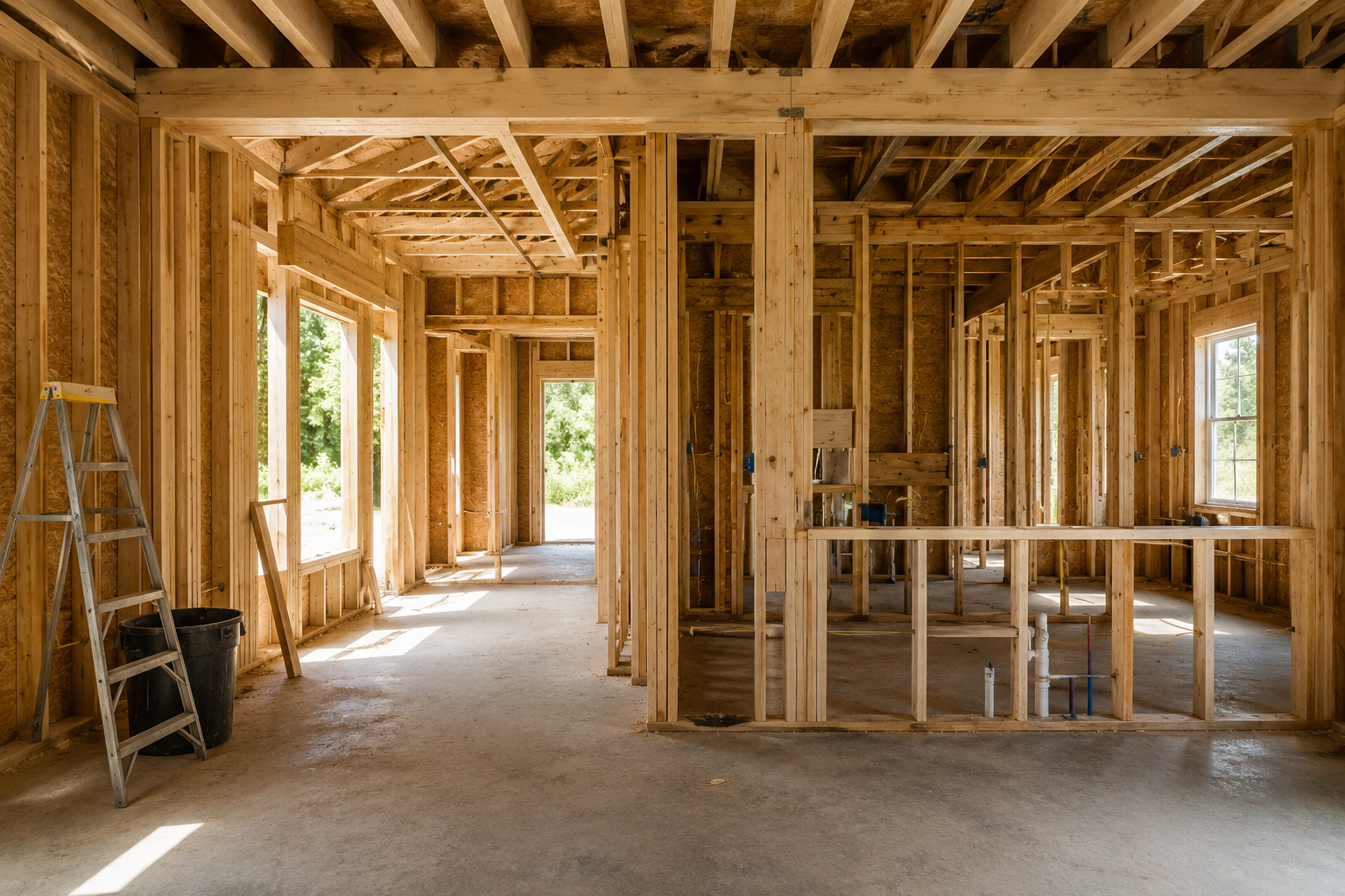 Interior view of a house under construction, showing exposed wooden framing, beams, and studs with sunlight coming through the window openings. A ladder and a bucket are on the floor.