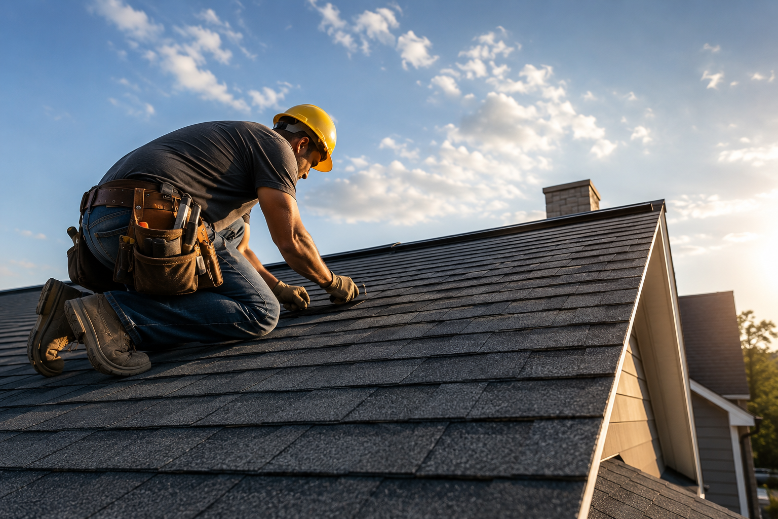 A man wearing a yellow hard hat and work gloves kneeling on a sloped roof, working on the shingles during daylight, with a partly cloudy sky in the background.