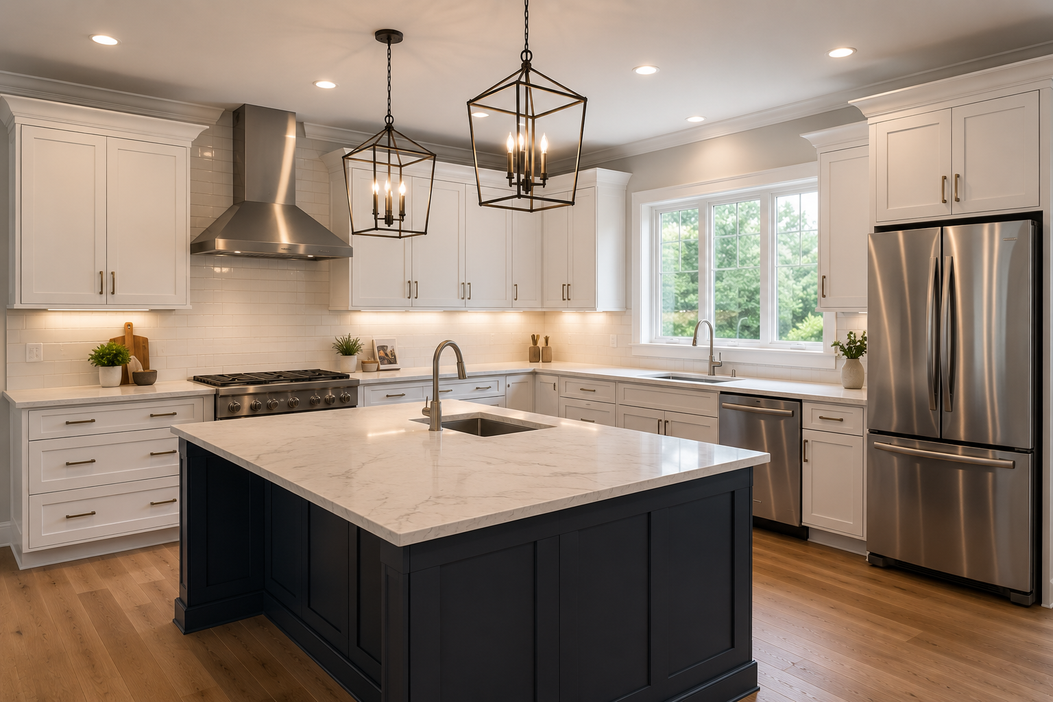 Modern kitchen with white cabinets, stainless steel appliances, a blue island with a white marble countertop, pendant lighting, hardwood floors, and a large window overlooking greenery.