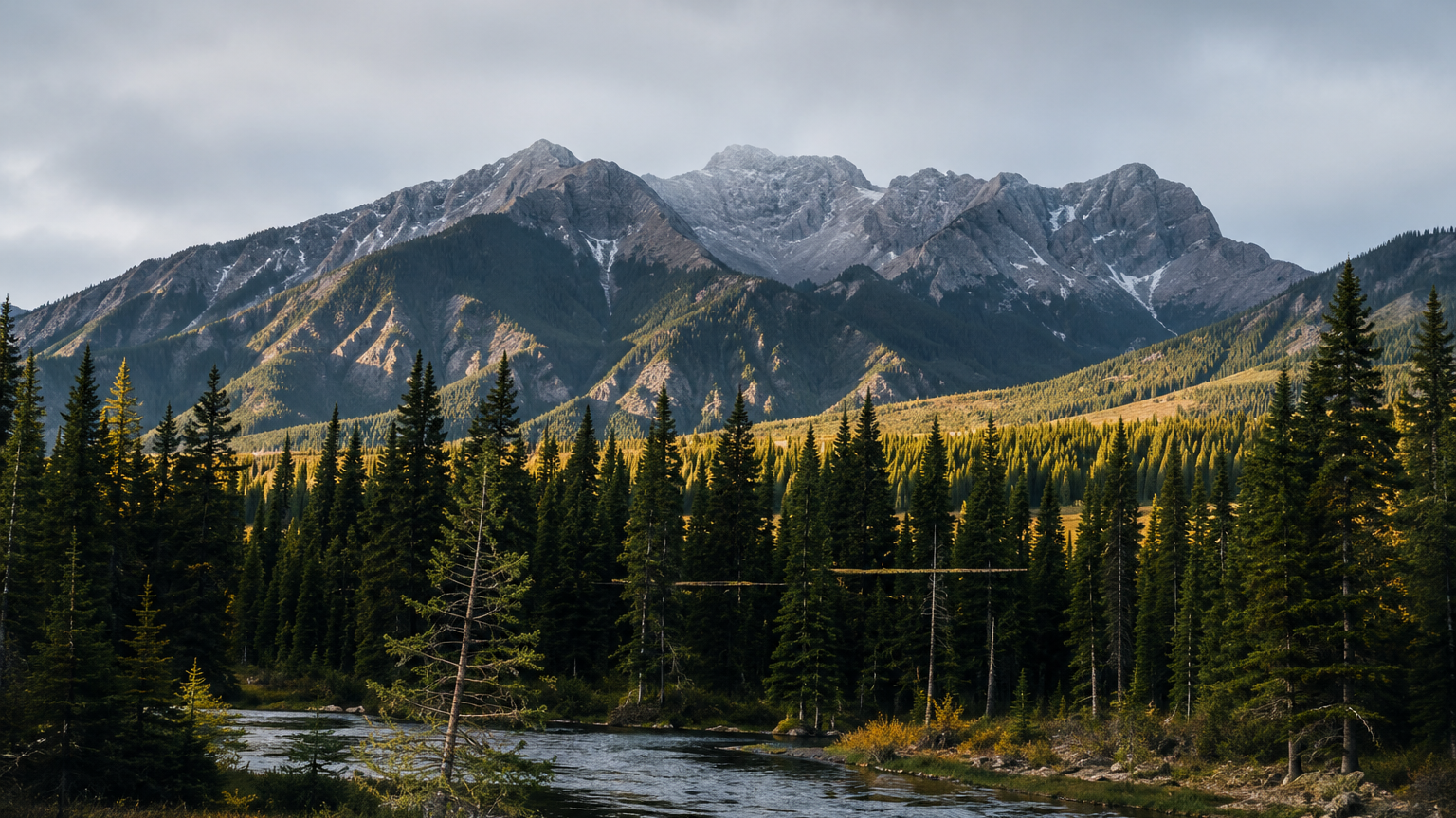 A mountain landscape featuring tall evergreen trees along a river, with rugged mountains in the background and a cloudy sky overhead.
