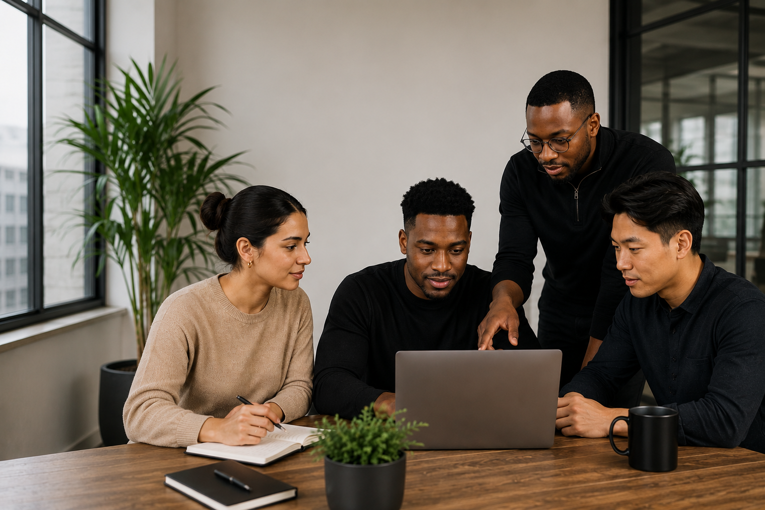 Four diverse colleagues working together at a meeting table in an office, looking at a laptop screen and discussing ideas.