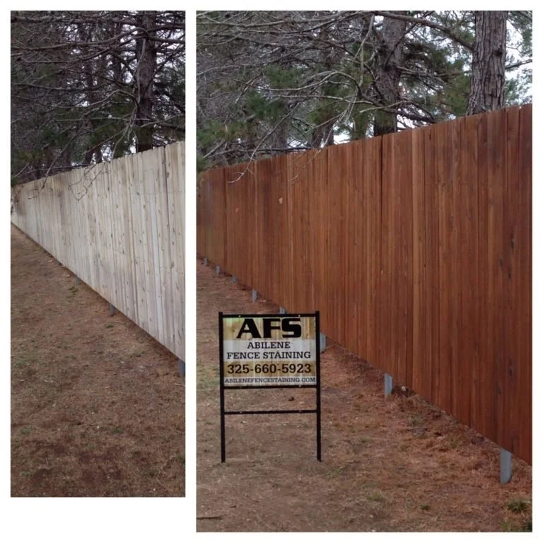 Comparison of two wooden fences, one unfinished and light-colored on the left, and one stained and darker-colored on the right, with a sign from Abilene Fence Staining in front.