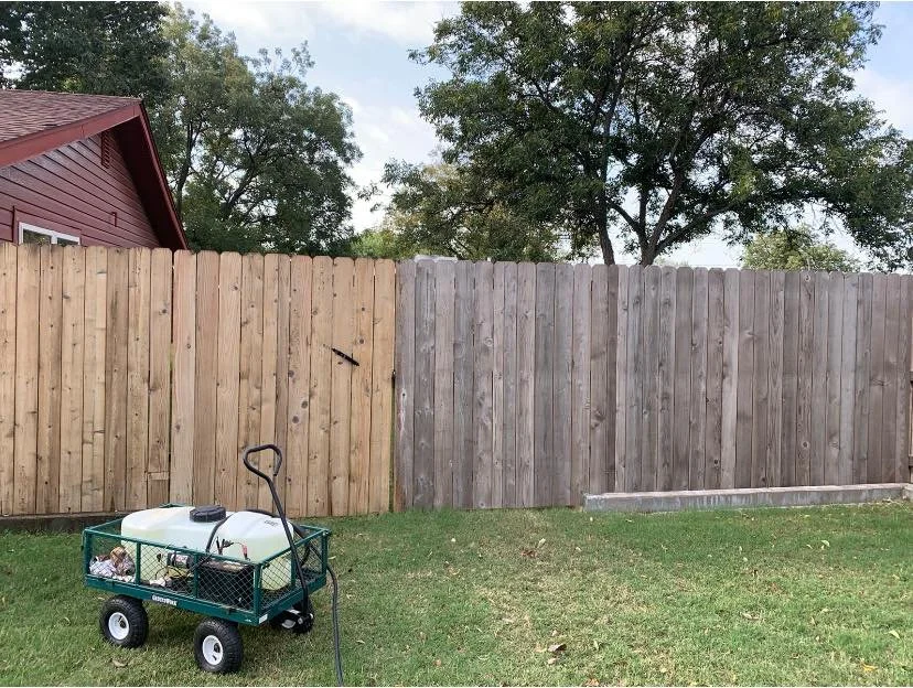 A backyard with a wooden fence, some trees in the background, a red house on the left, and a small green wagon with a water container in the foreground.