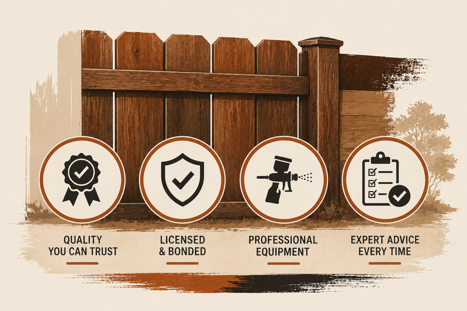 Illustration of a wooden fence with four icons below it: a badge indicating quality, a shield indicating licensing and bonding, a spray gun indicating professional equipment, and a clipboard with checkmarks indicating expert advice. Each icon has a label describing trustworthiness and professionalism.