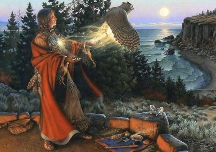 A woman dressed in traditional clothing holding a glowing object, standing on a rocky hilltop overlooking an ocean at sunset, with a bird flying nearby and a butterfly on a rock.
