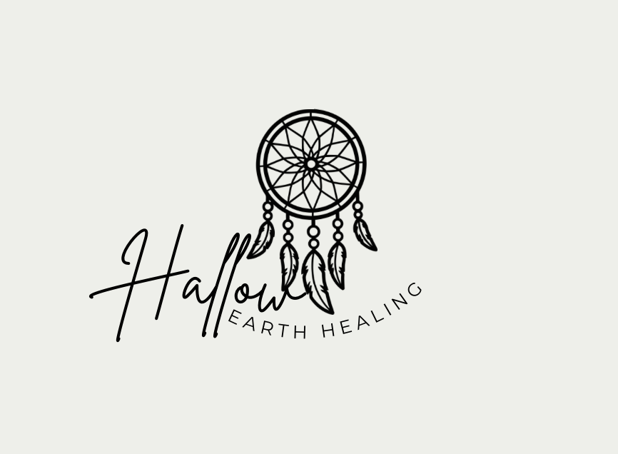 Logo with a dreamcatcher above the text 'Hallow' written in cursive and 'Earth Healing' in capital letters.