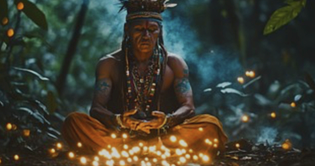 A person with traditional tribal attire sitting cross-legged in a jungle at night, surrounded by glowing sparkles.