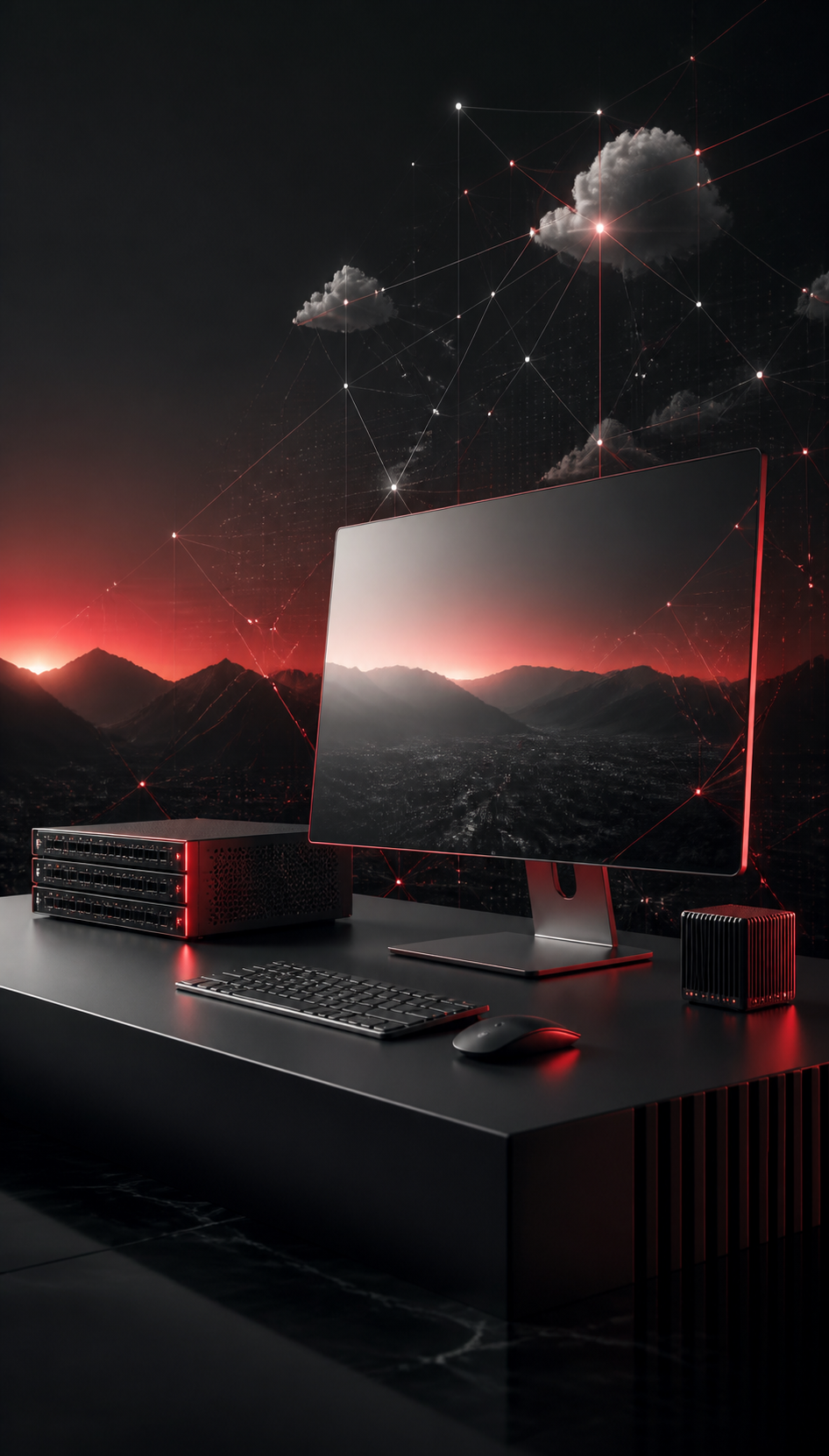 A futuristic computer setup with a desktop monitor, keyboard, mouse, and server on a black desk, with a digital landscape depicting mountains and city lights reflected on the monitor, and a background featuring clouds and a network of digital connections in the sky.