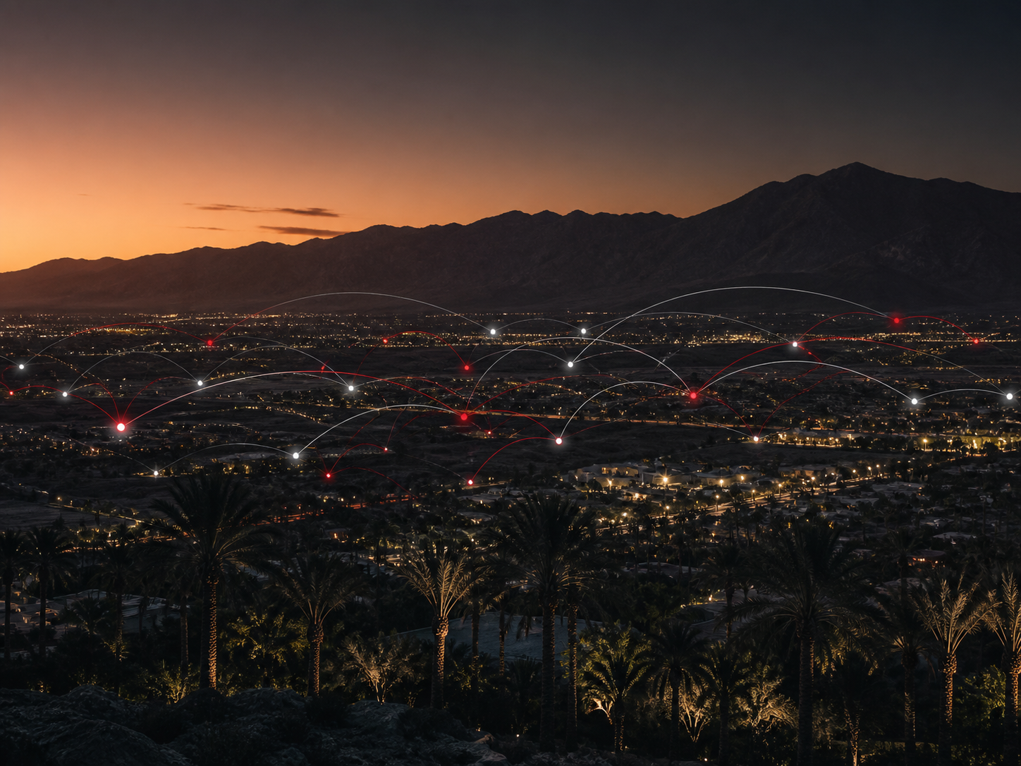 Coachella Valley at dusk with secure connected technology in the Tech Pros CV visual style