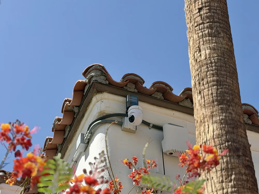 Outdoor security camera beneath a tile roof, framed by orange flowers and a palm tree.