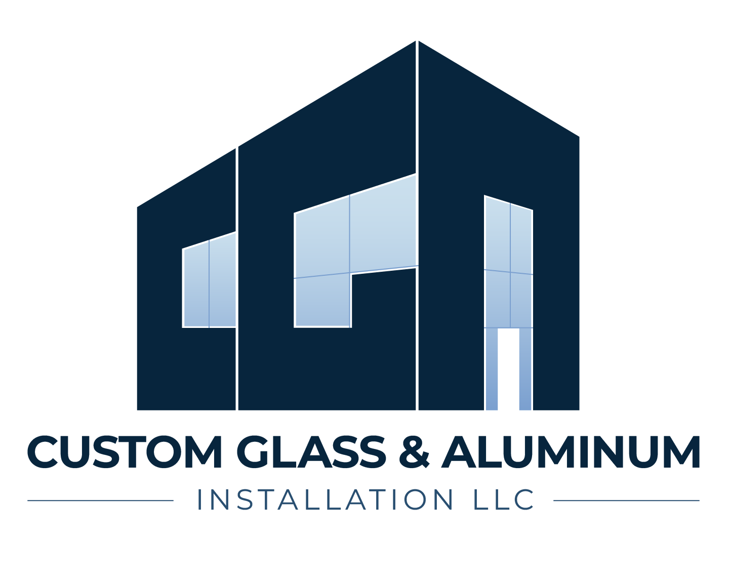 Logo for Custom Glass & Aluminum Installation LLC featuring a stylized house with glass and aluminum elements, and the company name beneath.