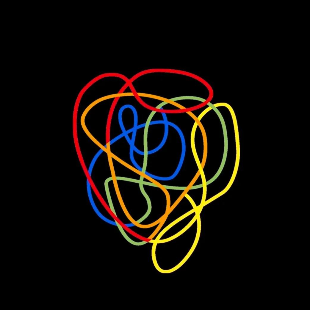 Colorful tangled neon lines forming a roughly heart-shaped outline on a black background.