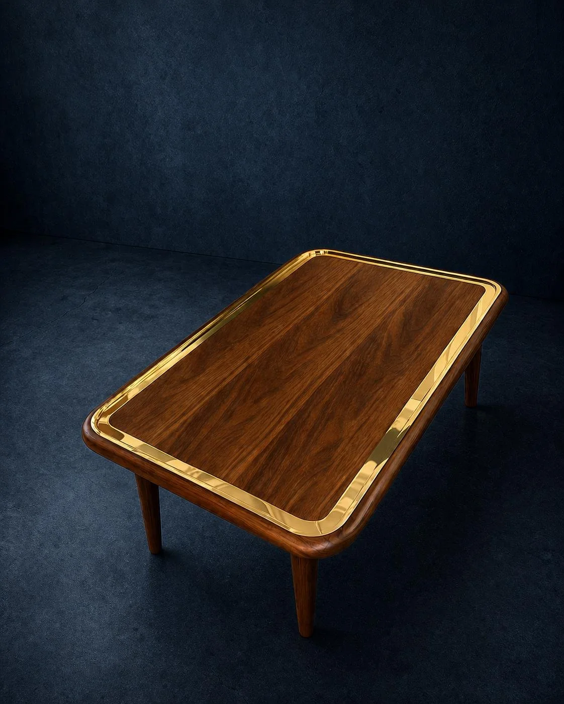 A wooden table with a shiny gold-colored border, set on a dark background.