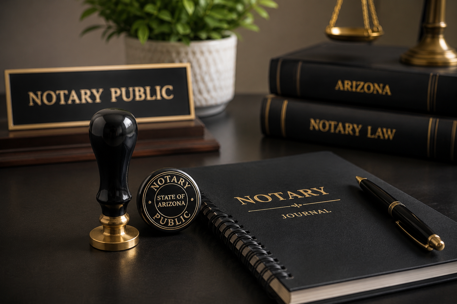 Notary office setup with a black journal labeled 'Notary', a pen, a rubber stamp with 'Notary Public, State of Arizona', legal books labeled 'Arizona' and 'Notary Law', a sign indicating 'Notary Public', and a potted plant in the background.