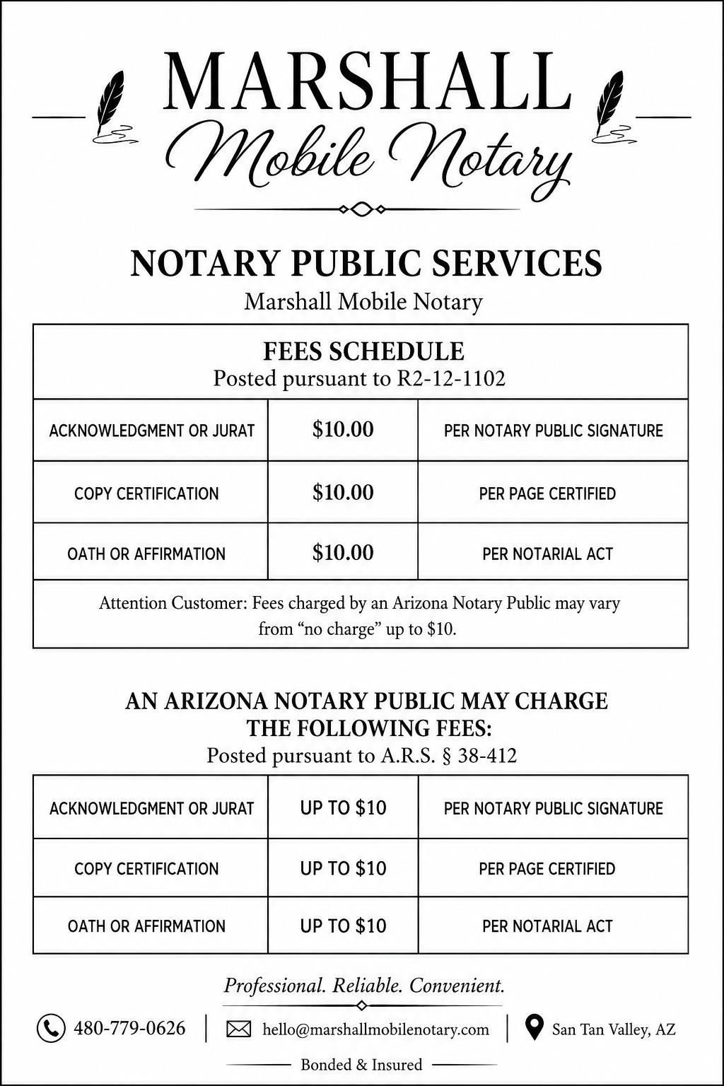 A fee schedule for Marshall Mobile Notary in San Tan Valley, AZ, listing $10 fees for acknowledgment, copy certification, and oath or affirmation, with contact information and note about possible fee variations.