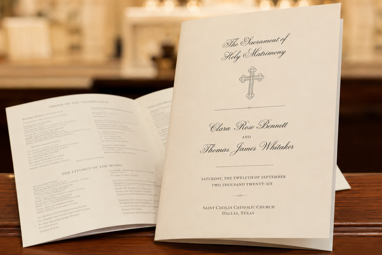 Custom Catholic wedding programs arranged on a church pew.