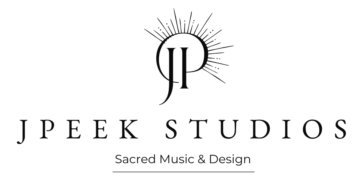 Logo for J Peek Studios with a stylized monstrance and the tagline 'Sacred Music & Design'