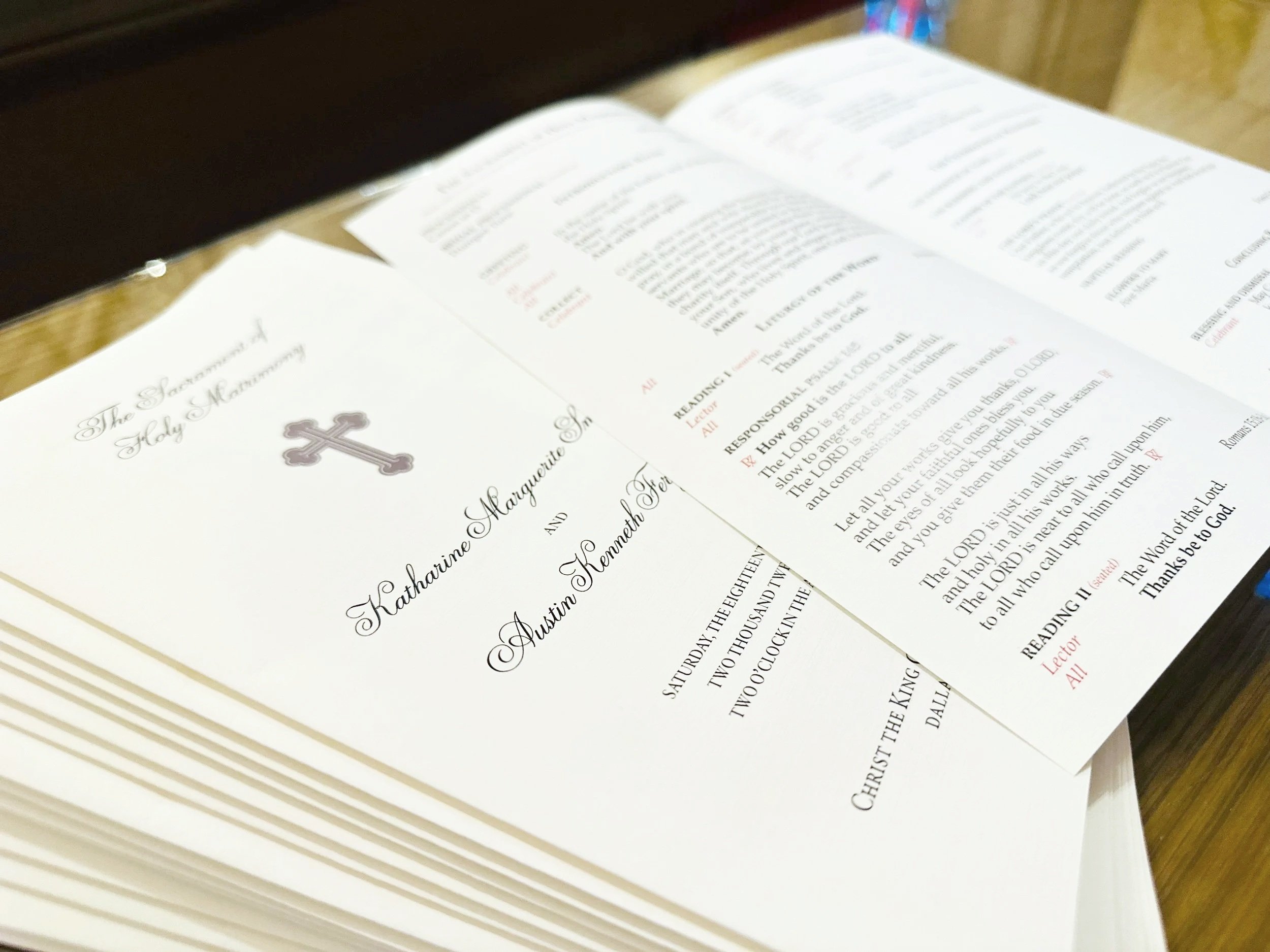 Catholic wedding program opened to the wedding liturgy.