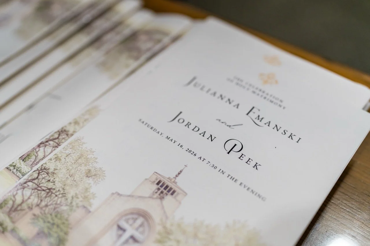 Catholic Wedding Mass Program featuring Christ the King church illustration and nature scene.