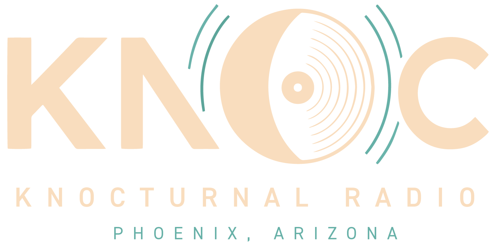 Logo of KNOc, a nocturnal radio station in Phoenix, Arizona, featuring stylized text and a graphic of a vinyl record with concentric circles and sound waves.