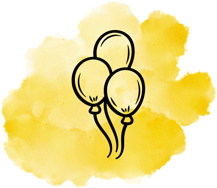 A simple black outline drawing of three balloons on a yellow watercolor background.