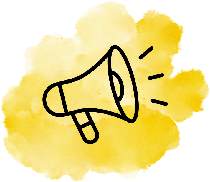 A black line drawing of a megaphone on a yellow watercolor background.