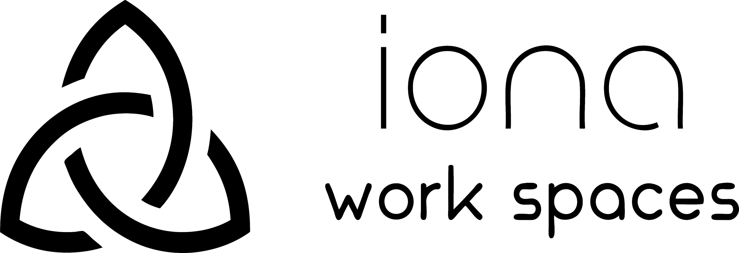 Line drawing of a logo with a triangular design and the words 'Icon Work Spaces'.