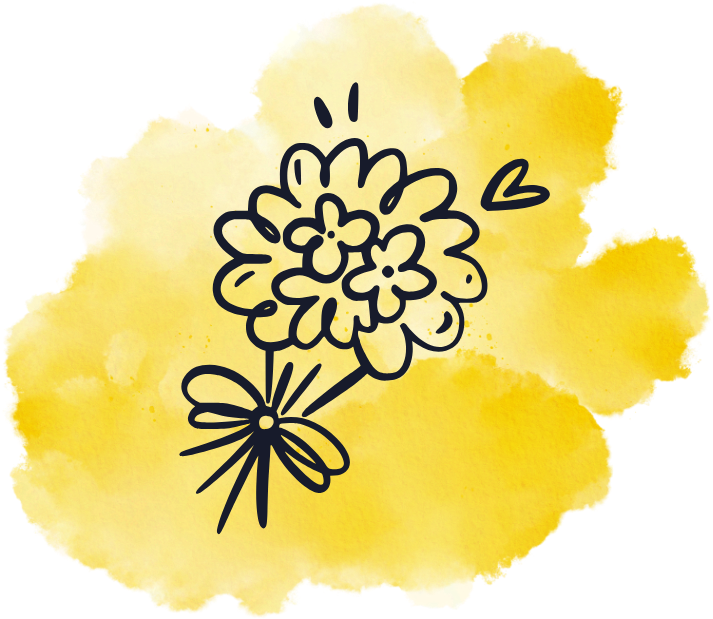A simple black line drawing of a small bouquet of flowers tied with a ribbon on a yellow watercolor background.