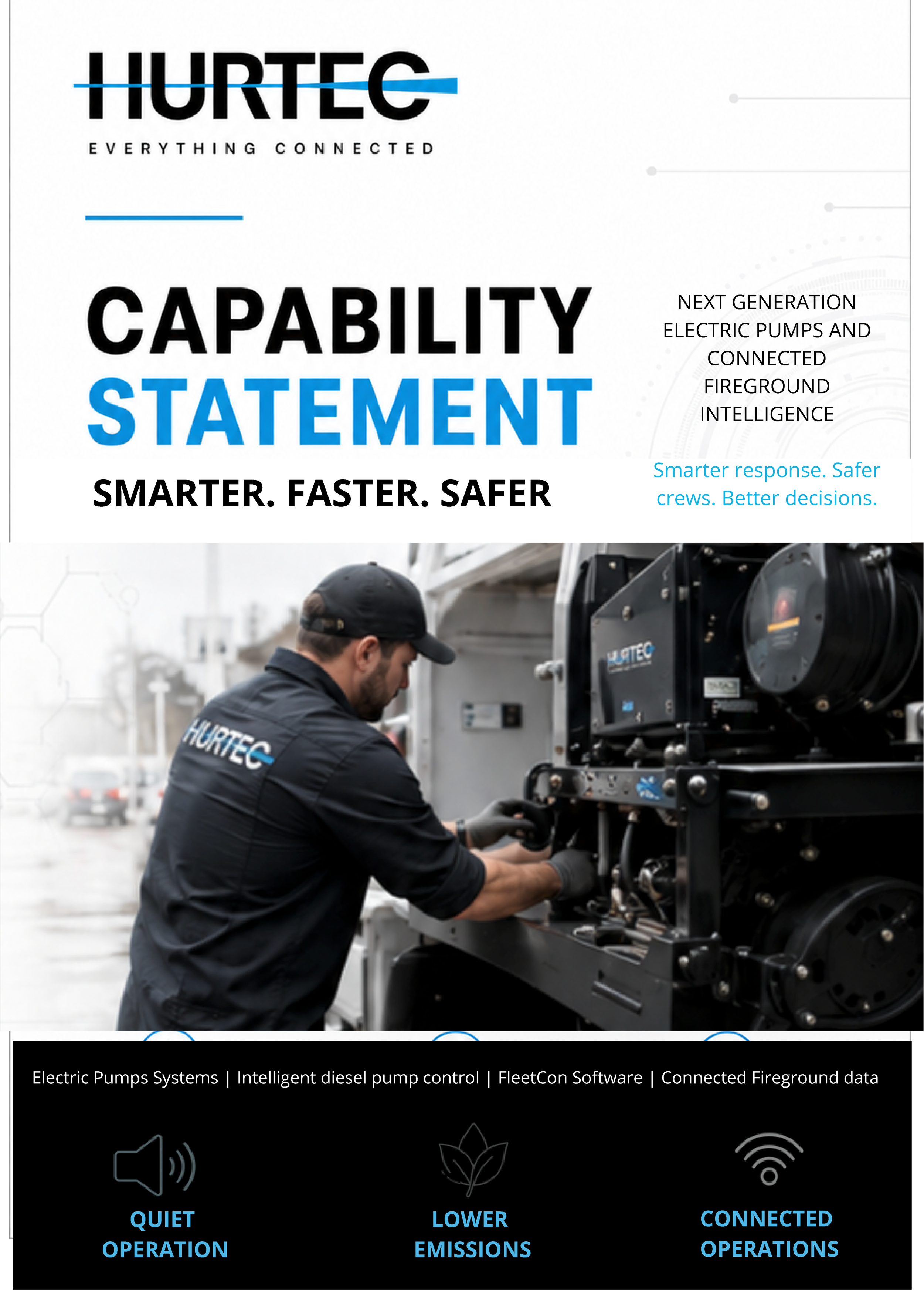 A technician working on an electric pump system with a focus on connected, intelligent diesel pump control, emphasizing quiet operation, lower emissions, and connected operations.